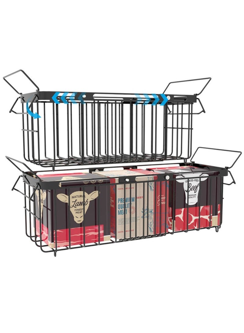 قطعتان من رفوف تنظيم الفريزر، قابلة للتمدد، صناديق تنظيم كبيرة وعميقة للفريزر، قابلة للتكديس والتعديل، تناسب الفريزرات الأفقية من 10 إلى 20 قدم مكعب، تخزين المطبخ، تنظيم المنزل، رفوف تنظيم المتاجر الكبرى، أسود - Image 1